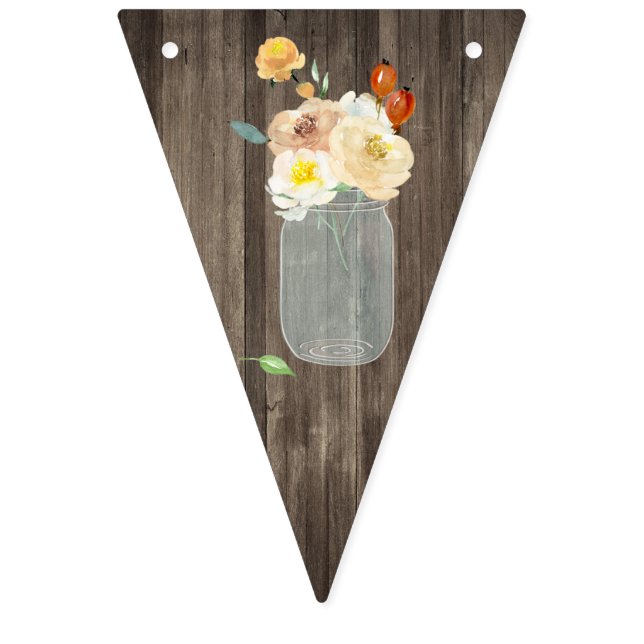 Cream Floral Mason Jar Woodgrain Country Wedding Bunting Flags (First Flag)