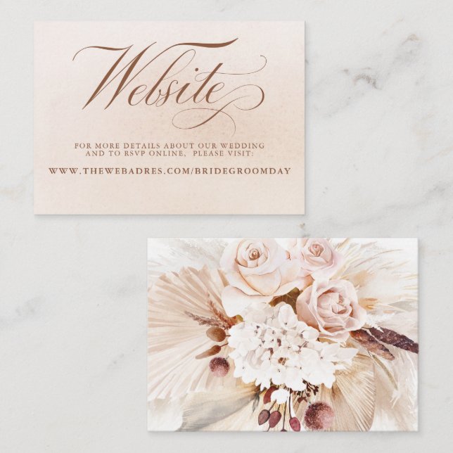Cream Floral Pampas Grass Sage Wedding Website Enclosure Card (Front/Back)