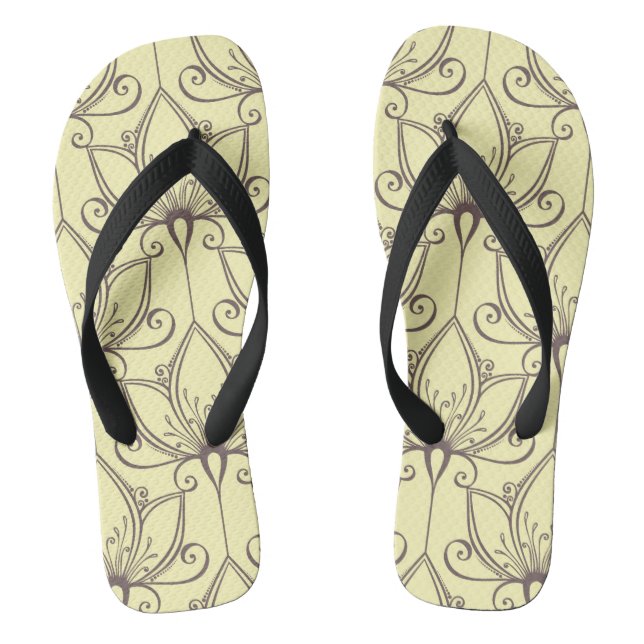 Cream Floral Pattern Flip Flops (Footbed)