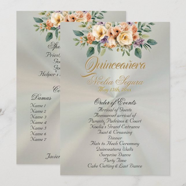 Cream Floral Quinceanera Program - Pastel Green (Front/Back)