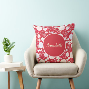 CREAM FLOWER BOUQUET FLORAL PATTERN RED WITH TEXT THROW PILLOW