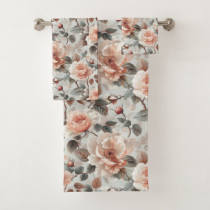 Cream flowers with grey leaves on a light grey  bath towel set