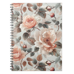 Cream flowers with grey leaves on a light grey  notebook