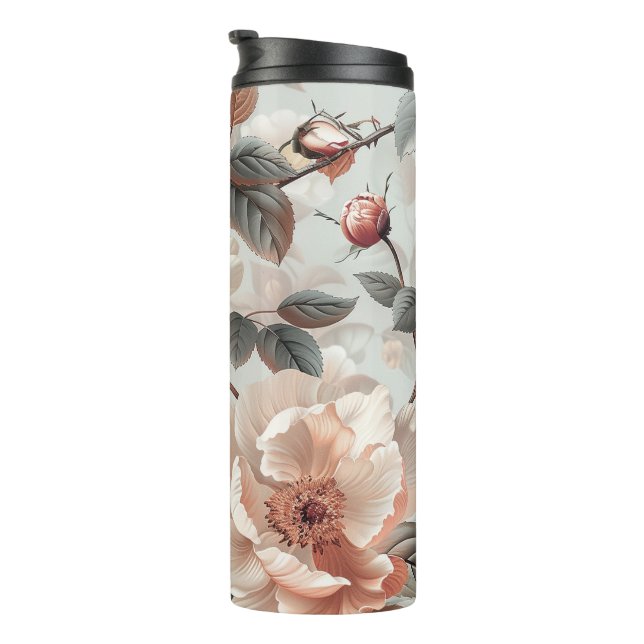 Cream flowers with grey leaves on a light grey  thermal tumbler (Rotated Right)