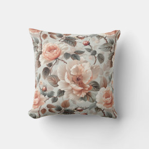 Cream flowers with grey leaves on a light grey  throw pillow