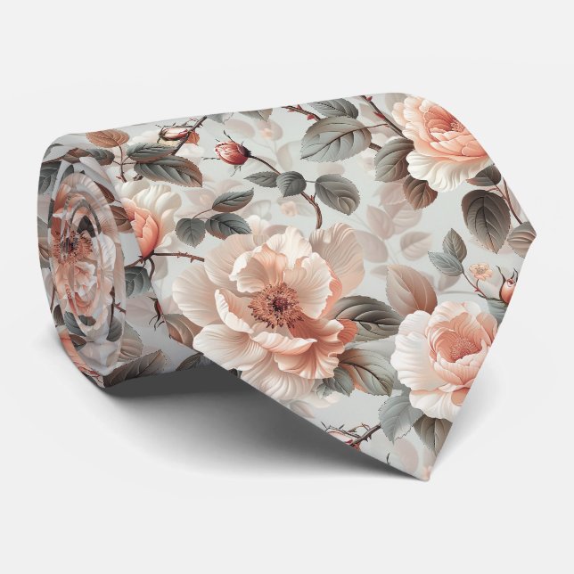 Cream flowers with grey leaves on a light grey  tie (Rolled)