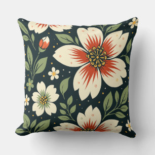 Cream Flowers with Red Centers & Green Leaves Throw Pillow