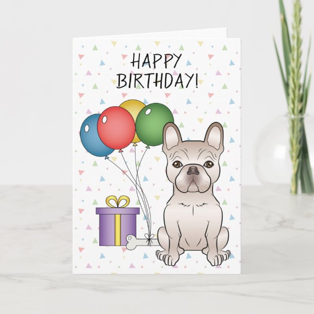 Cream French Bulldog Cartoon Dog Happy Birthday Card (Front)