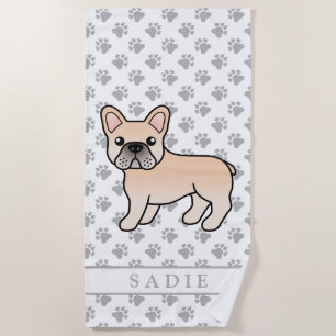 Cream French Bulldog Cute Cartoon Dog & Name Beach Towel