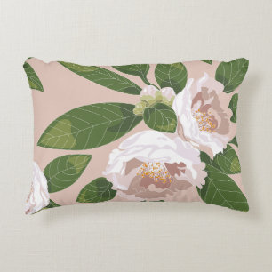 Cream Garden Harmony: Camellias and Greenery Accent Pillow