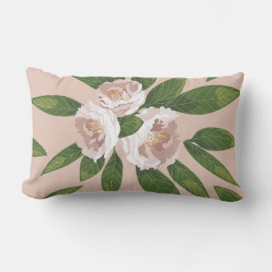 Cream Garden Harmony: Camellias and Greenery Lumbar Pillow