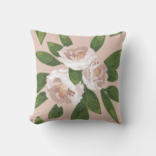 Cream Garden Harmony: Camellias and Greenery Throw Pillow