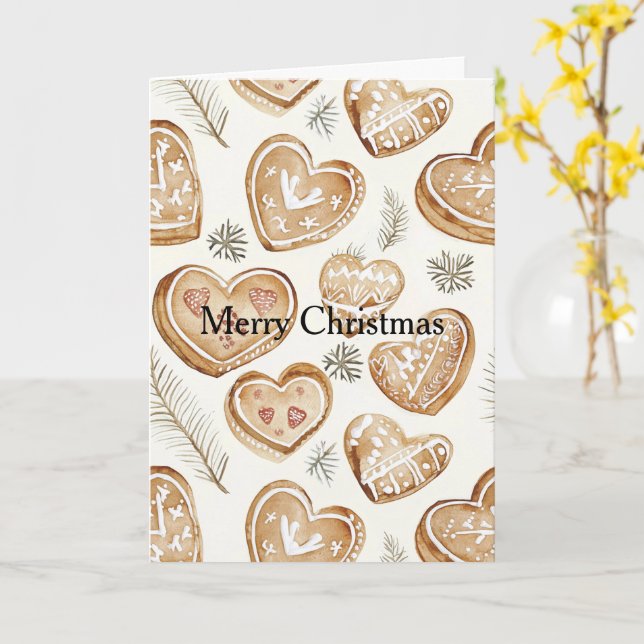 Cream Gingerbread Christmas Hearts  Card (Yellow Flower)