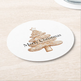 Cream Gingerbread Christmas Tree Round Paper Coaster