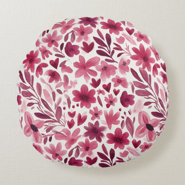 Cream Girly Pink Red Flowers Hearts   Round Pillow (Front)