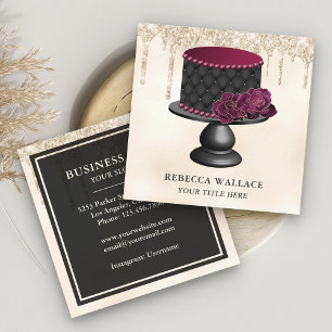 Cream Glitter Burgundy Floral Tufted Cake Bakery Square Business Card
