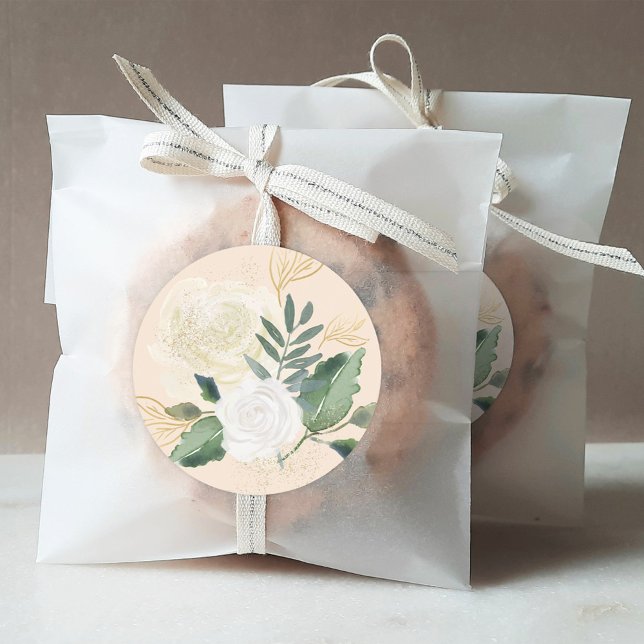 Cream Gold and Green Floral Wedding Classic Round Sticker (Creator Uploaded)