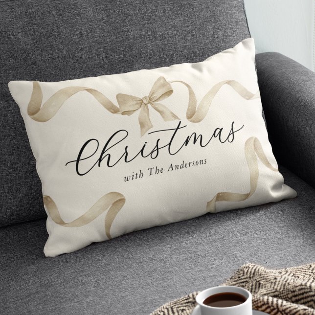 Cream Gold Bow Family Christmas Lumbar Pillow (Creator Uploaded)