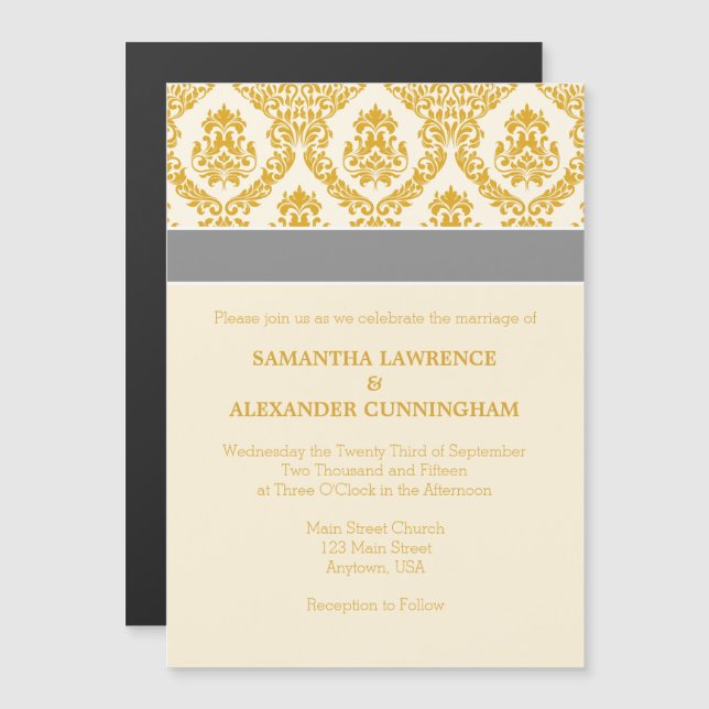 Cream Gold Damask Faire-part de mariage magnétique (Devant / Derrière)