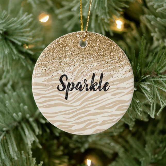 Cream Gold Faux Glitter Zebra Print Sparkle Ceramic Ornament (Tree)