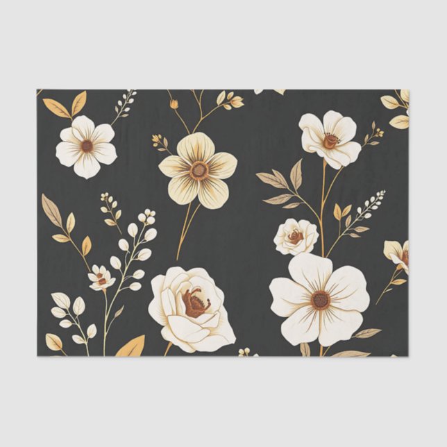 Cream Gold Floral Black Pattern Tissue Paper (Front)