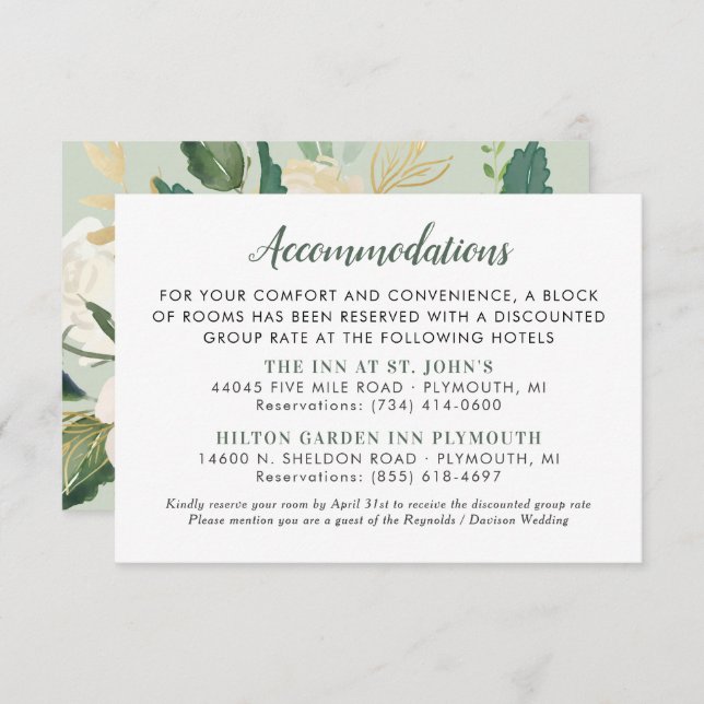 Cream Gold Floral Greenery Wedding Accommodations Enclosure Card (Front/Back)