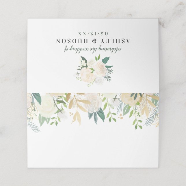 Cream Gold Floral Greenery Wedding Monogram Place Card (Outside Unfolded)