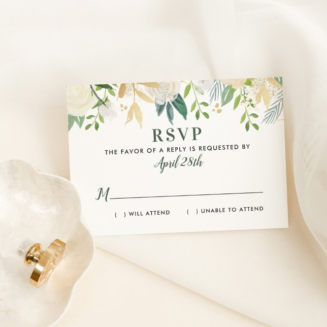 Cream Gold Floral Greenery Wedding RSVP Card (Creator Uploaded)