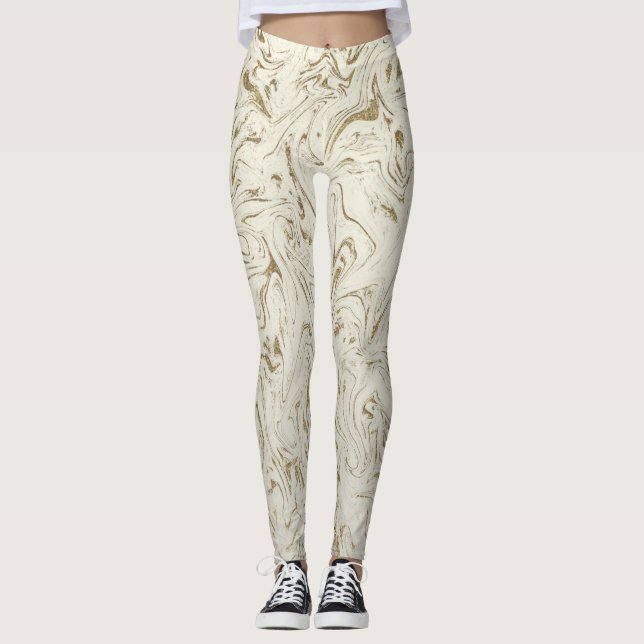 Cream & Gold Glitter Marble Swirl Modern Glam Leggings (Front)
