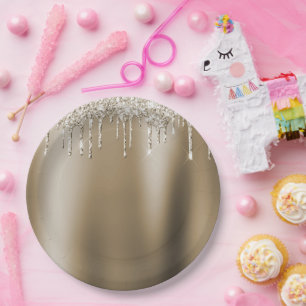 Cream Gold Glitz Glitter Ice Cream Drips Birthday Paper Plate