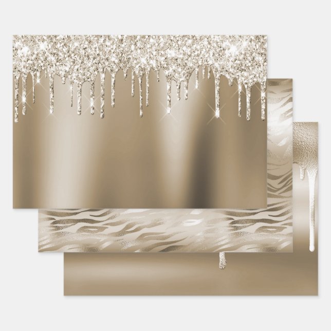 Cream Gold Glitz Glitter Ice Cream Drips Birthday Wrapping Paper Sheet (Set)