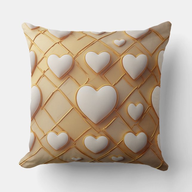 Cream Gold Heart Pattern Romantic Neutral  Throw Pillow (Front)