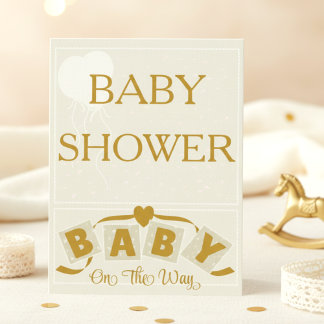 Cream & Gold Heart & Ribbon Baby Shower Invitation