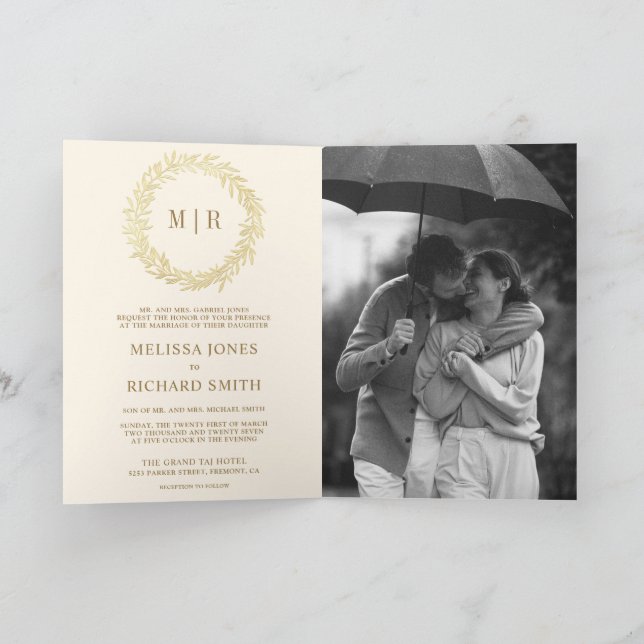 Cream Gold Leaf Branch QR Code Wedding Invitation (Inside)