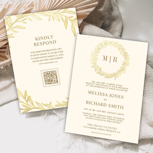Cream Gold Leaf Branch QR Code Wedding Invitation (Creator Uploaded)