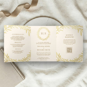Cream Gold Leaf Branch QR Code Wedding Tri-Fold Invitation