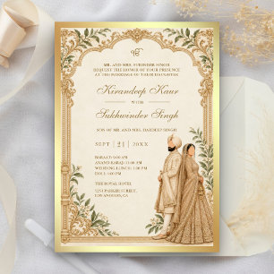 Cream Gold Ornate Border Olive Leaves Sikh Wedding Invitation