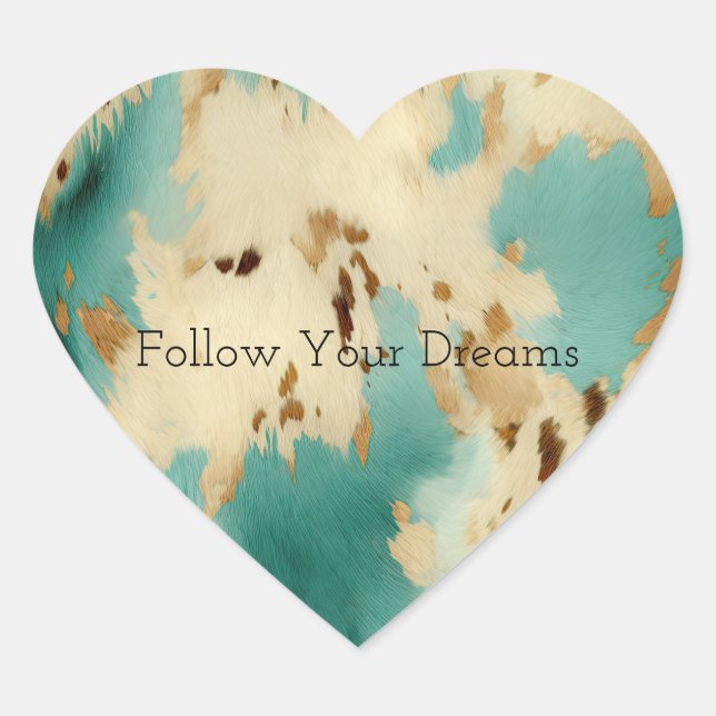 Cream Gold Turquoise Cowhide Animal  Heart Sticker (Front)