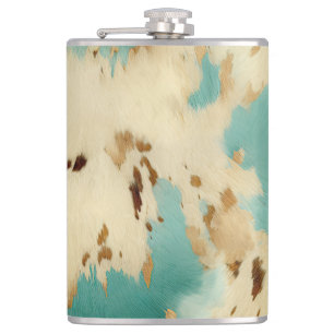 Cream Gold Turquoise Cowhide Animal  Hip Flask