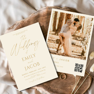Cream Gold Wedding QR Code Photo Script Invitation