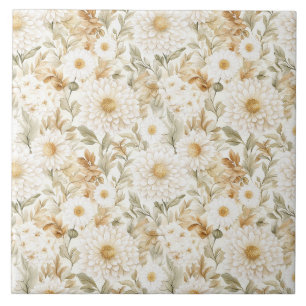 Cream Gold White Country Flowers Tile