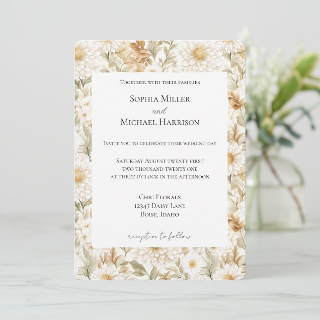 Cream Gold White Country Flowers Wedding Invitation (Standing Front)