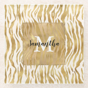 Cream Gold Zebra Print Monogram Glass Coaster
