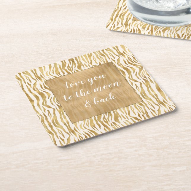 Cream Gold Zebra Print        Square Paper Coaster (Angled)