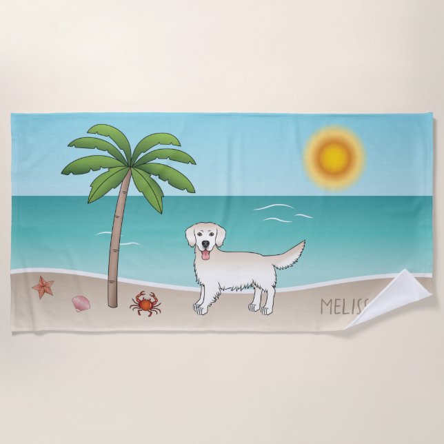 Cream Golden Retriever At A Tropical Summer Beach Beach Towel (Front)