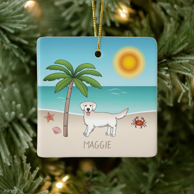 Cream Golden Retriever At A Tropical Summer Beach Ceramic Ornament (Tree)