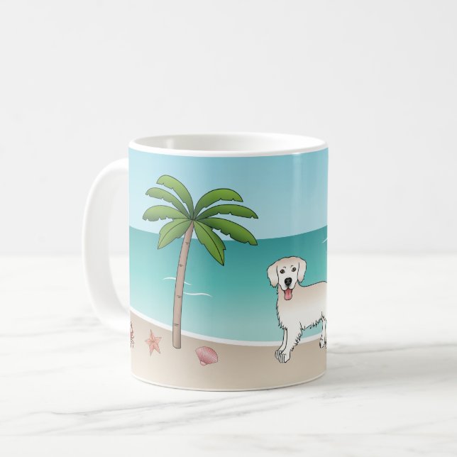 Cream Golden Retriever At A Tropical Summer Beach Coffee Mug (Front Left)