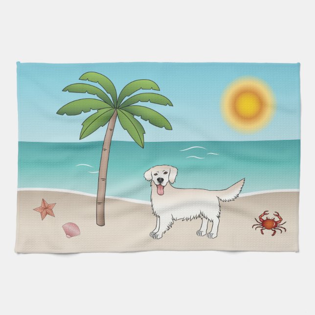 Cream Golden Retriever At A Tropical Summer Beach Kitchen Towel (Horizontal)