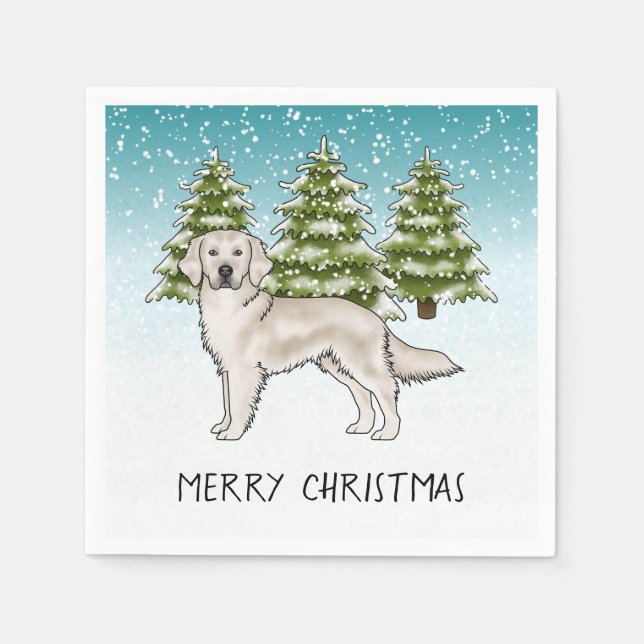 Cream Golden Retriever Blue Winter Christmas Napkin (Front)
