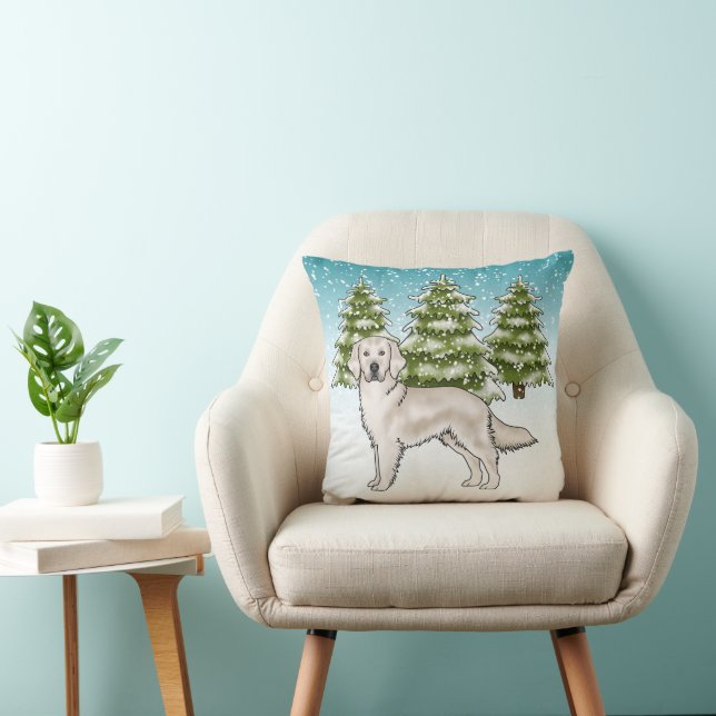 Cream Golden Retriever Blue Winter Christmas Throw Pillow (Chair)